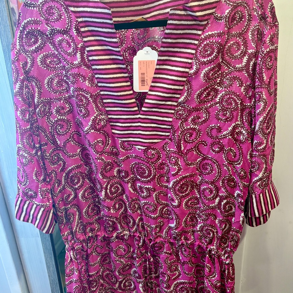 Tory Burch Fuchsia Paisley V‑Neck Tunic with Striped Trim